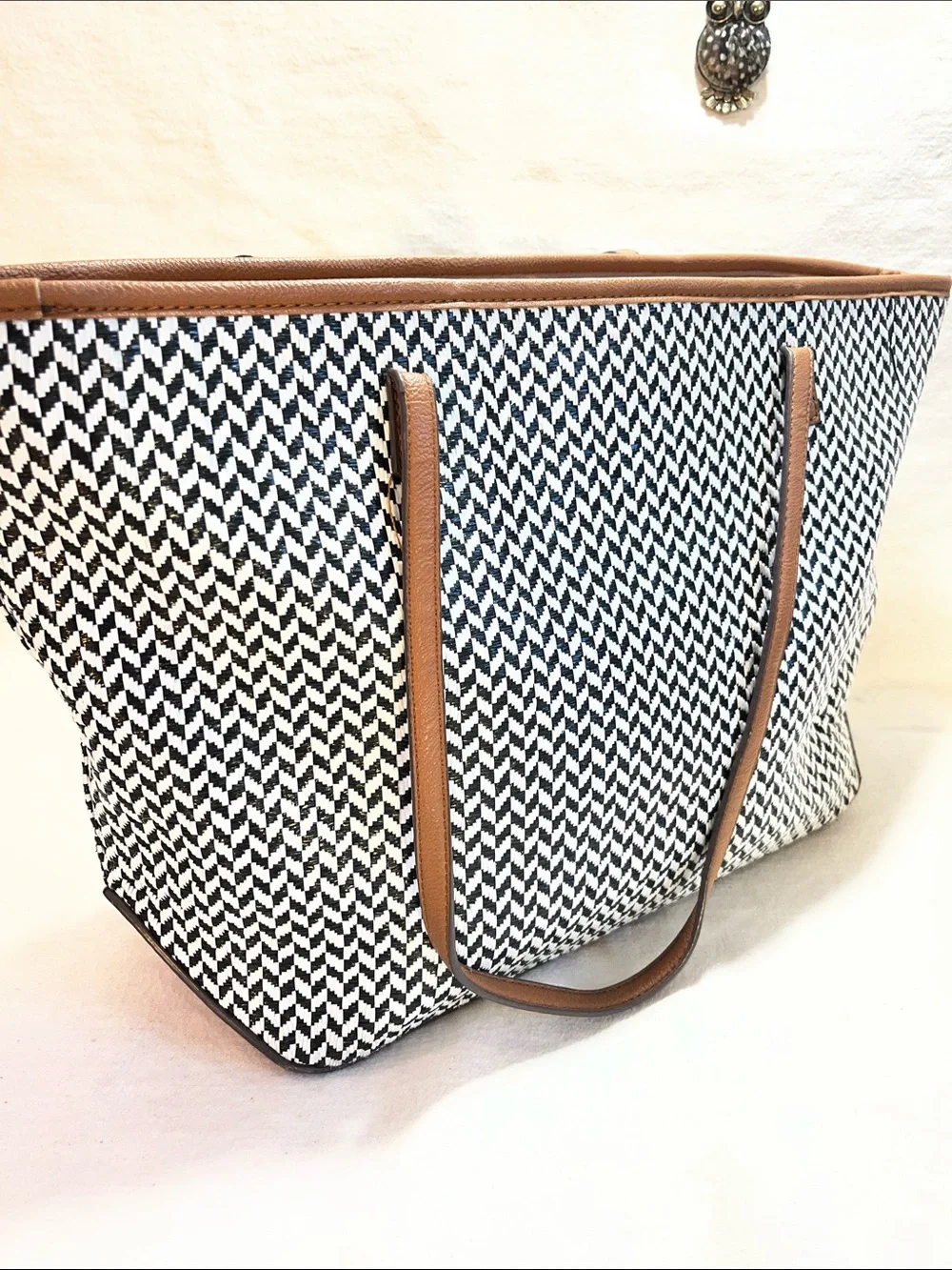 Nine West | Bags | Nine West Black And White Woven Tote With Tan Trim ...